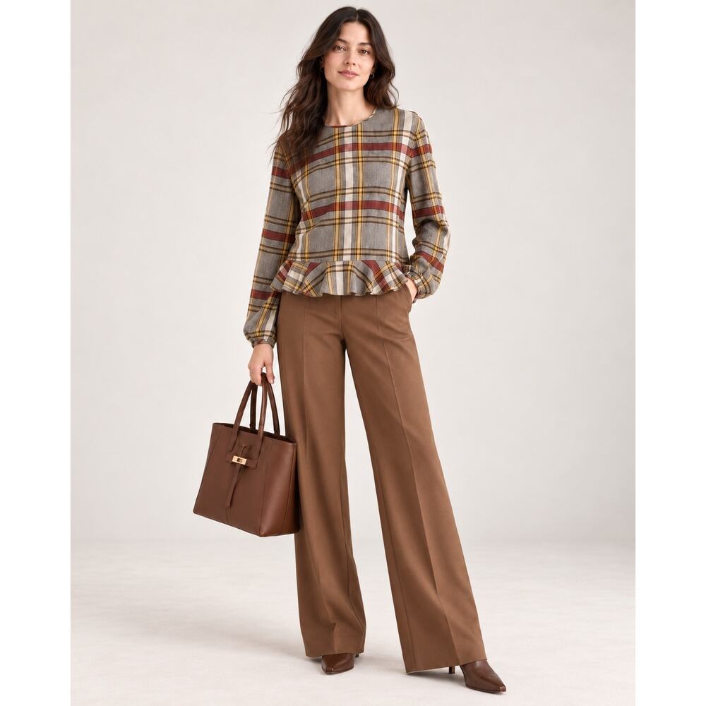 Longchamp Paris Plaid Wool Viscose Ruffle Hem Blouse Size 42 US 10 NWT - Picture 3 of 11
